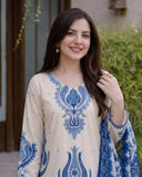 Dhanak Fabric - 3 Piece Unstitched Fully Embroidered  Dress With Printed Shawl