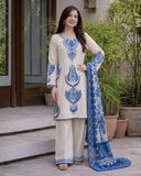 Dhanak Fabric - 3 Piece Unstitched Fully Embroidered  Dress With Printed Shawl